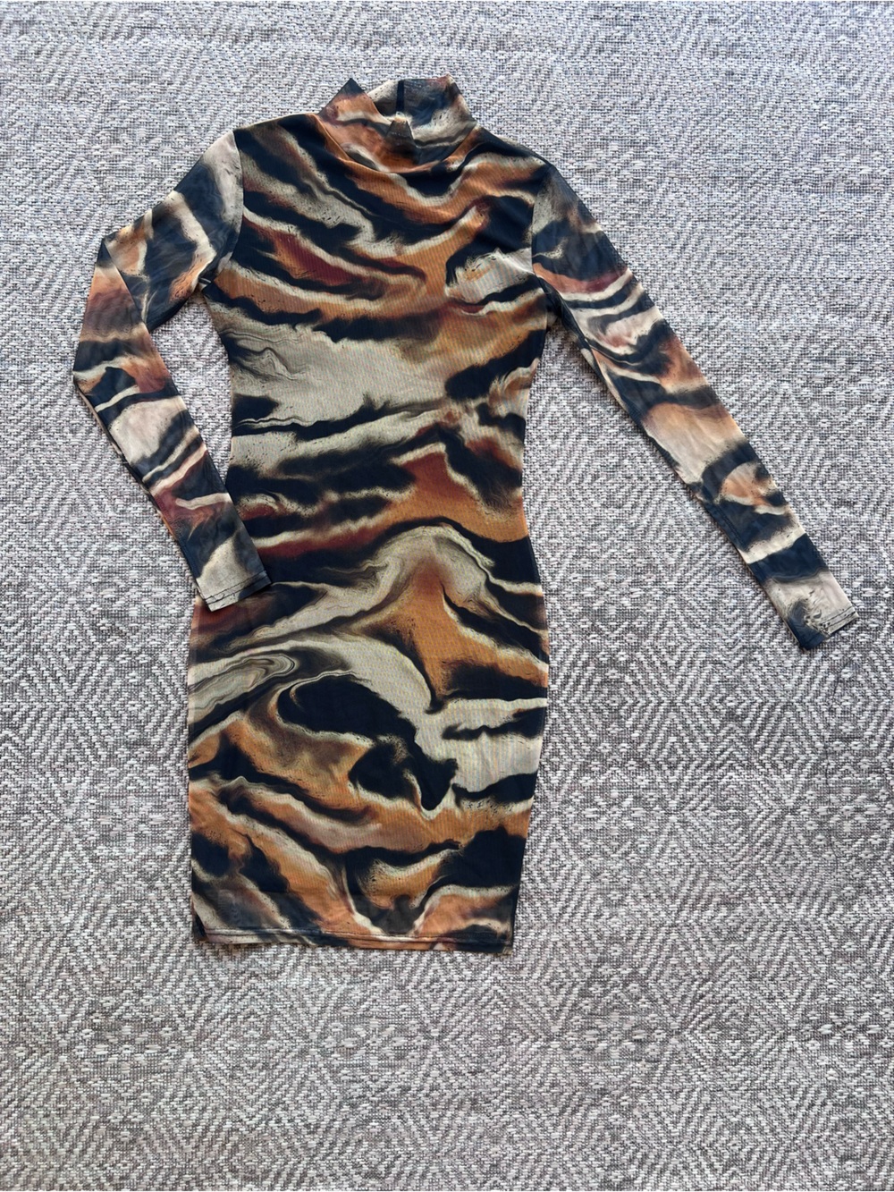 Karen Millen Size 2 Abstract Marble Print Mesh Midi Dress Long Sleeve Bodycon